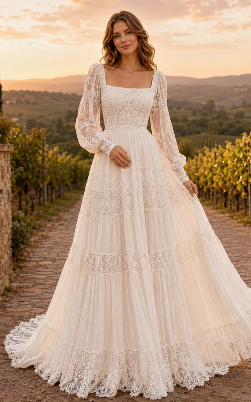 Bohemian Square Neck Long Puff Sleeve Tiered Lace Tulle A-Line Sweep Train Wedding Dress