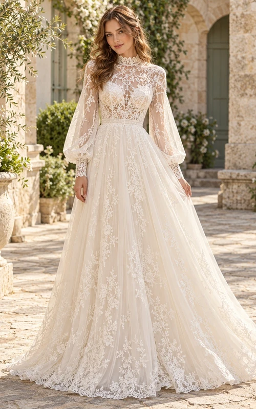 High Neck Long Poet Sleeve Lace Tulle A-Line Wedding Dress