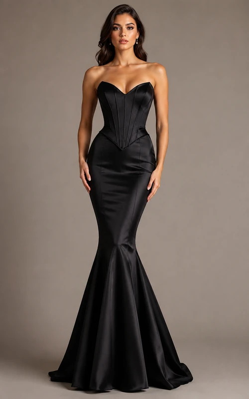 Schwarzes Meerjungfrauen-Abendkleid aus Satin, trägerlos, mit Korsett-Oberteil, bodenlang