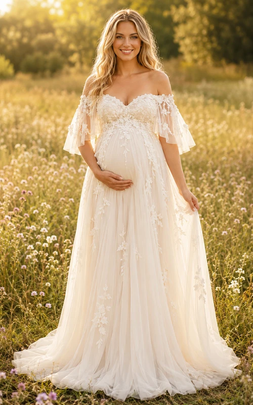 Vestido de novia premamá con hombros descubiertos, mangas de encaje, corte en A, estilo campestre, con cola.