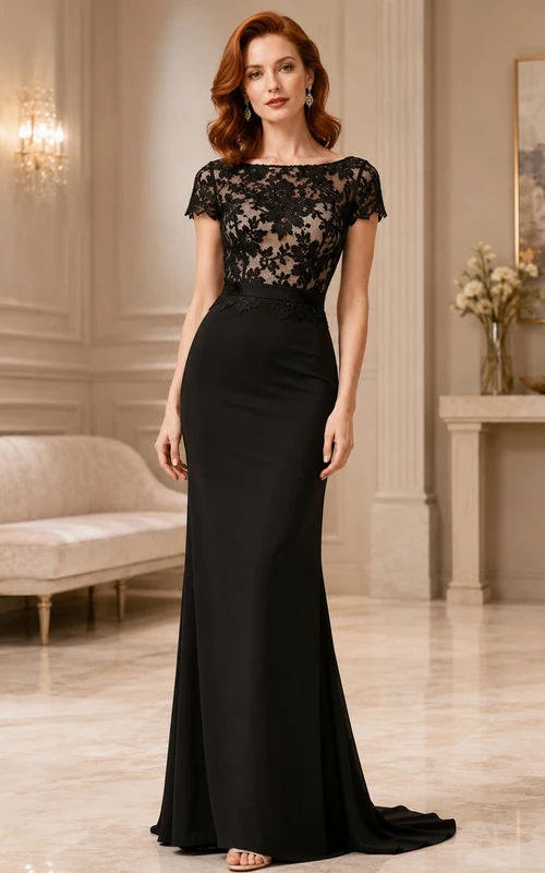 Black Floral Lace Short Sleeve Sheath Floor-length Elegant Evening Dress