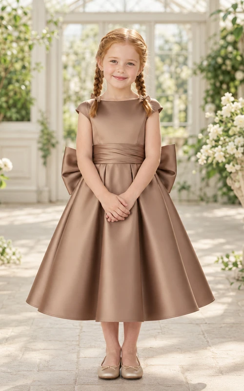Simple Satin A-Line with Bow Flower Girl Dress with Jewel Neck, Tea-Length Skirt and Bow Detail