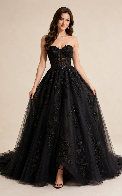 Vestido de novia clásico de gala negro con cola larga y encaje.