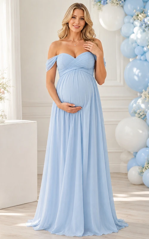 Robe de cérémonie empire en mousseline bleu ciel pour baby shower garçon, épaules dénudées