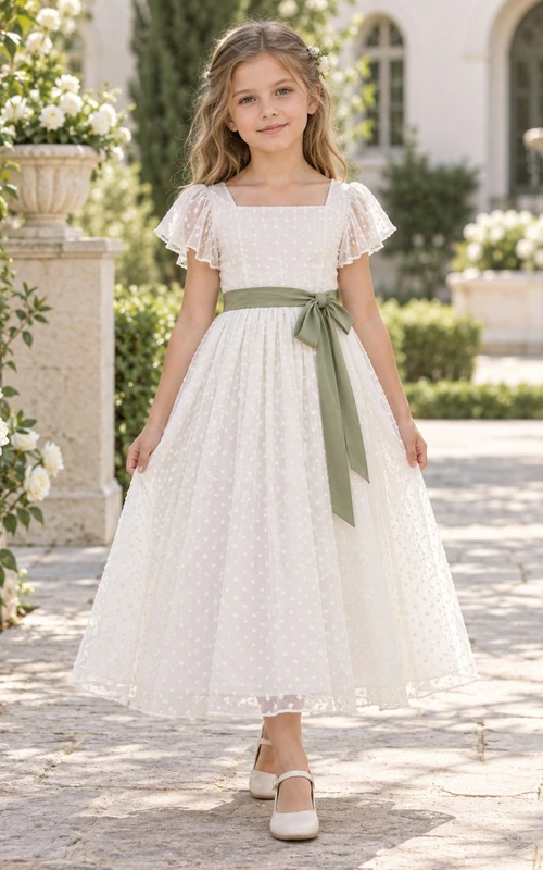 Vestido de niña de flores color marfil con escote cuadrado, corte en A, tul, mangas con volantes, largo hasta los tobillos y estampado de lunares, con fajín verde salvia.