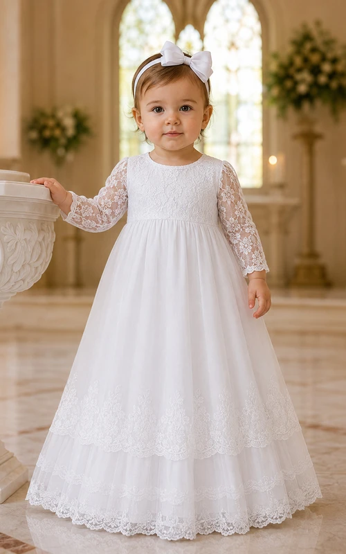 Vestido clásico y modesto para ceremonia de bautizo. Corte en A, largo hasta el suelo, cuello joya, manga larga de encaje, tul y espalda abotonada.