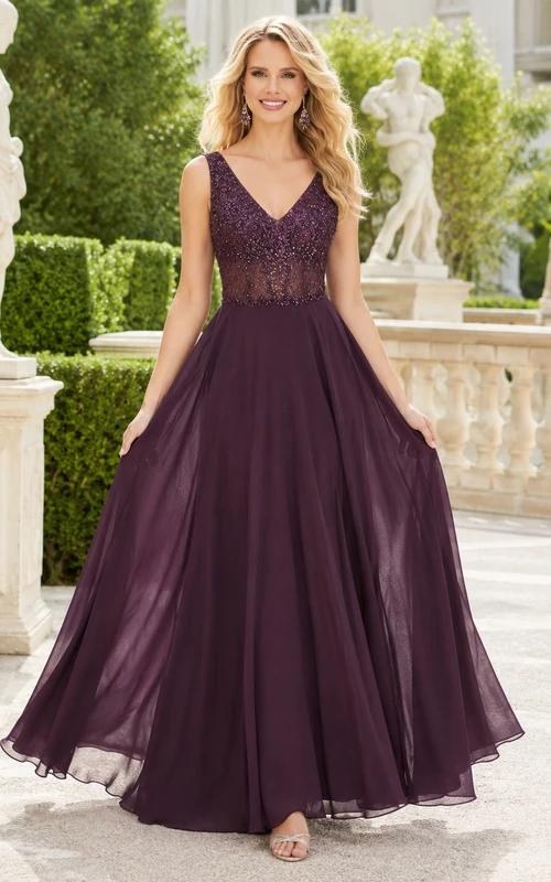 Plum V-Neck Sleeveless Chiffon A-Line Floor-length Sweep Romantic Bridesmaid Gown