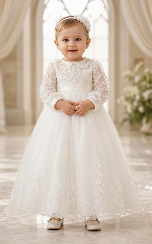 Delicate Beaded Baby Baptism A-Line Long Sleeve Tulle Lace Gown