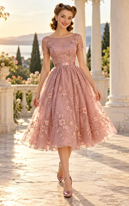 Robe de bal fleurie mauve à col rond et manches courtes, style années 1950