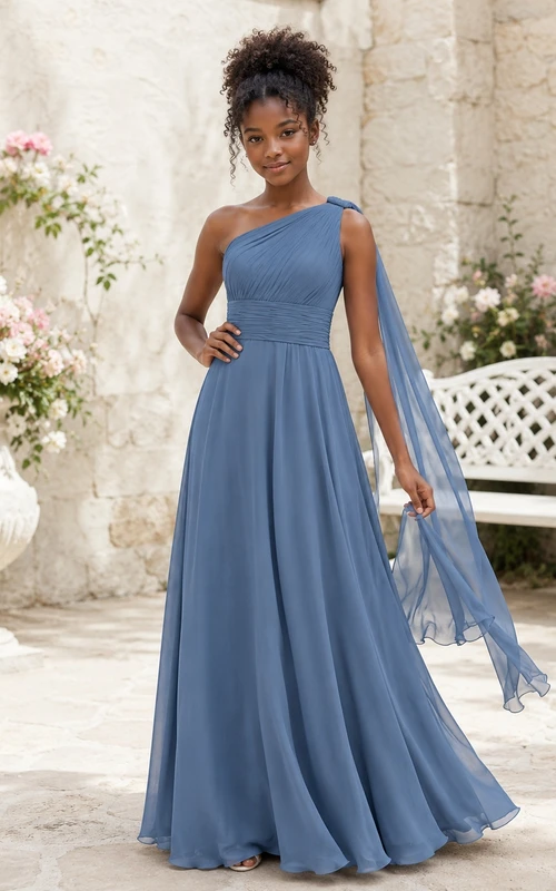 Vestido de dama de honor juvenil azul acero, corte en A, largo hasta el suelo, un solo hombro, sin mangas, drapeado en el hombro, estilo romántico.