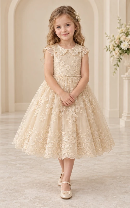 Tea-length Vintage Champagne Floral A-line Lace Cap-sleeve Collared Flower Girl Dress