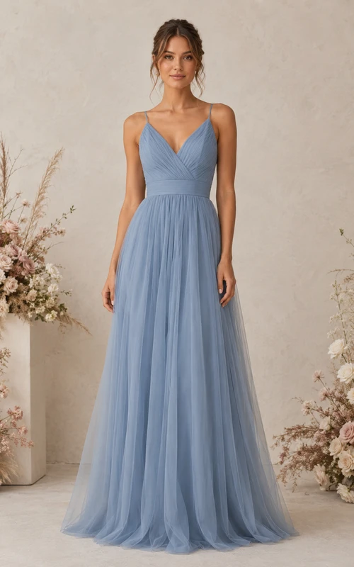 Vestido de dama de honor de corte A con escote en V y tul azul acero