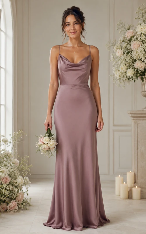 Mauve Satin Sheath Cowl Neck Bridesmaid Dress