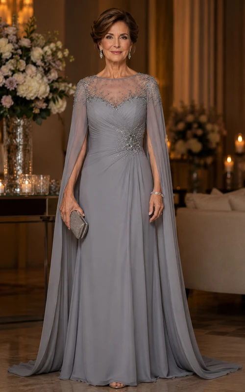 Vestido de madre de gasa con encaje y mangas tipo capa en color gris acero, corte en A.