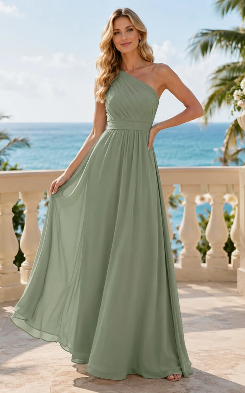 Sage Resort A-Line Chiffon Bridesmaid Dress with Sleeveless One-Shoulder Bodice, Pleated Floor-Length Skirt and Low V Back