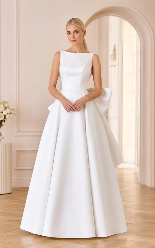 Elegante vestido de novia de satén con escote cuadrado, sin mangas y lazo, corte en A.