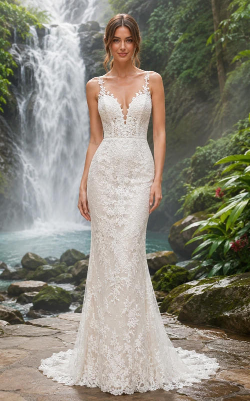 Robe de mariée sirène en dentelle à décolleté plongeant et dentelle, style spaghetti, coupe sirène, idéale pour un mariage de destination.