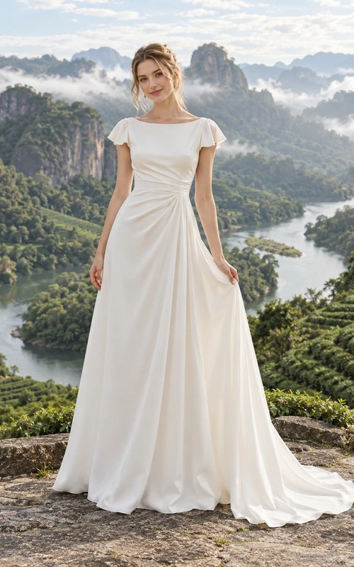 Vestido de novia sencillo y modesto con escote barco, mangas cortas y corte en A.