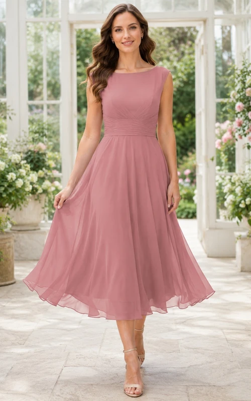 Vestido sencillo de invitada de boda, sin mangas, de gasa, corte A, largo hasta la rodilla, color rosa empolvado, con escote barco y estilo barco.