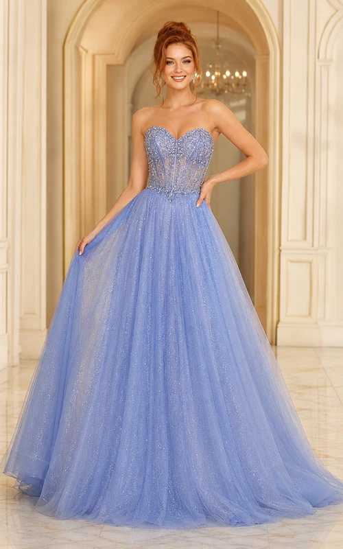 Himmelblaues, trägerloses Tüll-Ballkleid mit perlenbesetztem Spitzenoberteil
