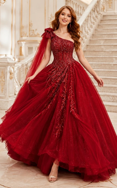 Red Lace Applique Off Shoulder Short Sleeve Ruffled Tulle Ball Gown Formal Dress