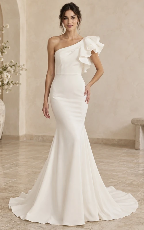 Vestido de novia moderno estilo sirena con volante asimétrico en un hombro y cola larga.