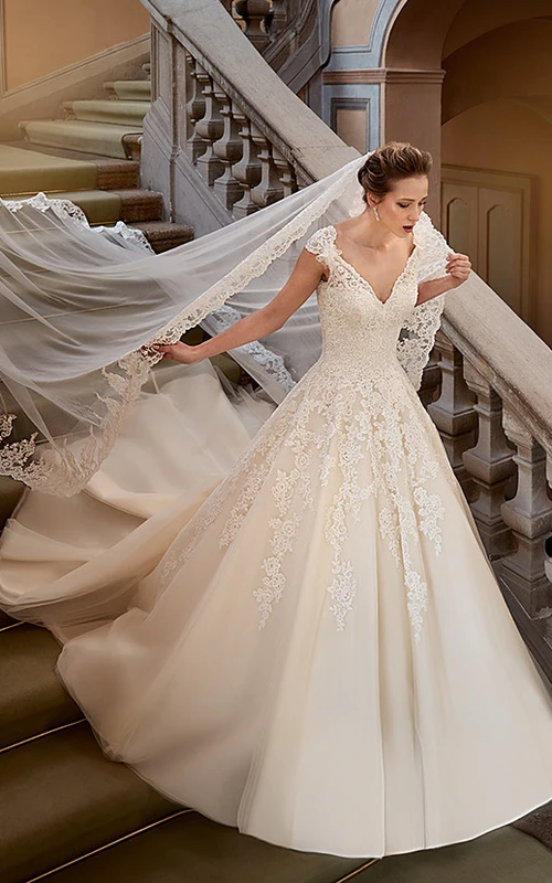 Robe de mariée de bal en dentelle à col en V, ornée d'appliqués, longue jusqu'au sol et à manches courtes.