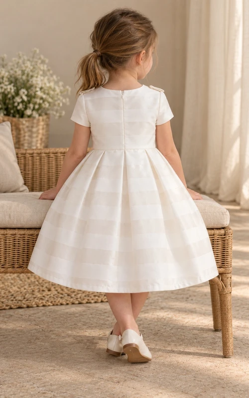 Modest White Ivory Vertical Striped Knee Length Short Sleeve Pleated Flower Girl Dress