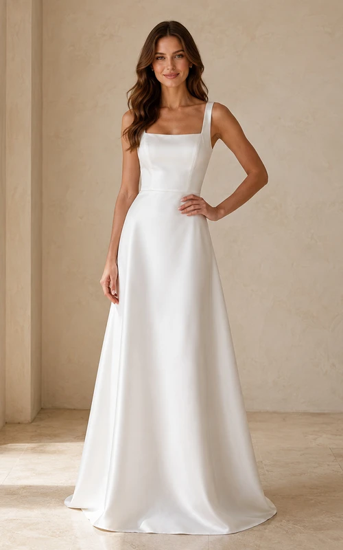 Weißes, schlichtes, bodenlanges A-Linien-Abendkleid aus Satin mit quadratischen Trägern für festliche Anlässe