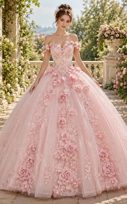 Vestido de princesa de quinceañera de lujo color rosa rubor con hombros descubiertos y apliques de rosas esculpidas