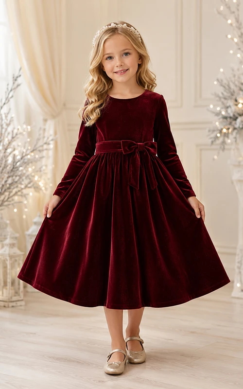 Robe vintage mi-longue trapèze en velours bordeaux à manches longues et col rond, idéale pour une demoiselle d'honneur.