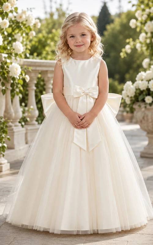 Tüllkleid mit übergroßer Schleife am Rücken, A-Linien-Schnitt aus Satin für Blumenmädchen, Rundhalsausschnitt und bodenlangem Rock