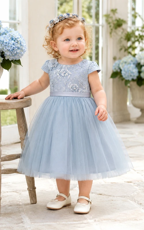Dusty Blue Flower Girl Dress Tea-Length A-Line Cap Sleeve Floral Embroidered Tulle Button Bow