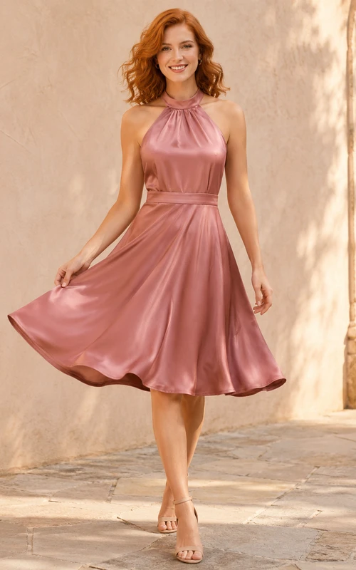 Dusty Rose Halter Satin A-Line Cocktail Dress