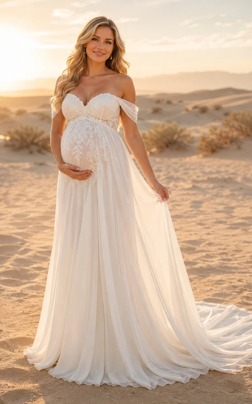 Maternity Wedding Dress Off-the-Shoulder Lace Bodice Desert Bridal Gown with Sweep Train