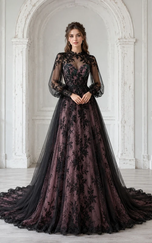 Vestido de novia negro de encaje, estilo princesa, de manga larga, cuello alto y corte princesa.