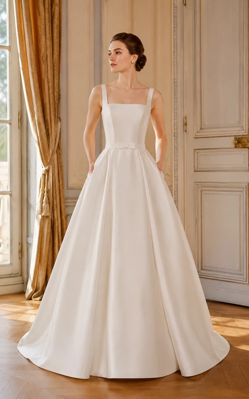 Vestido de novia de satén con escote cuadrado y corte en A, con cola.