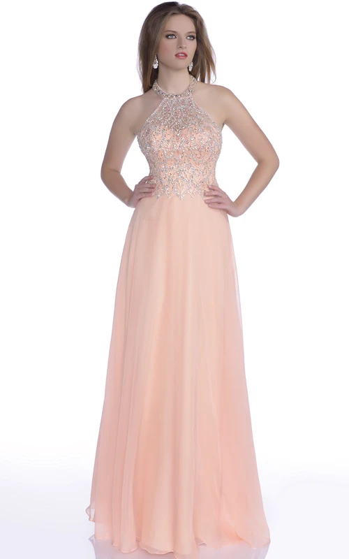 Robe de bal trapèze en mousseline à corset orné de perles et dos nu brillant