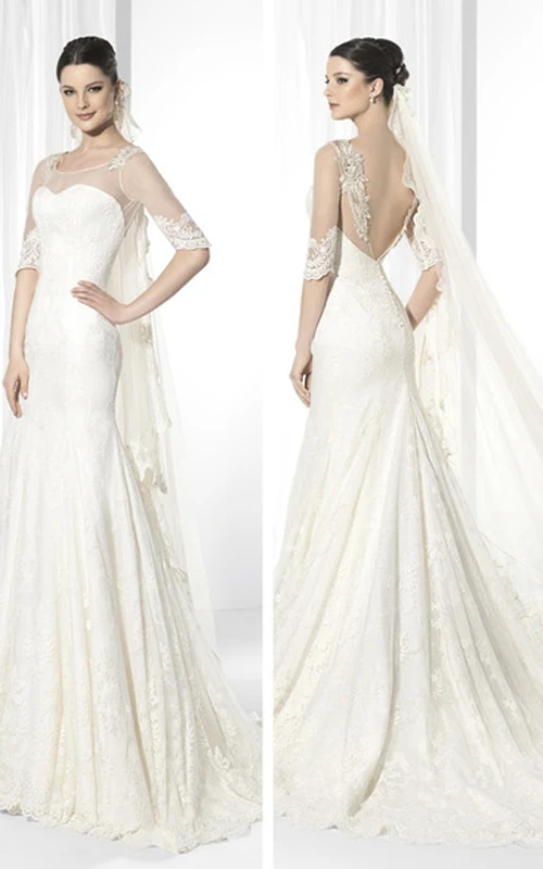 Robe de mariée longue en dentelle à col rond, manches mi-longues, ornée d'appliqués et dos en V profond