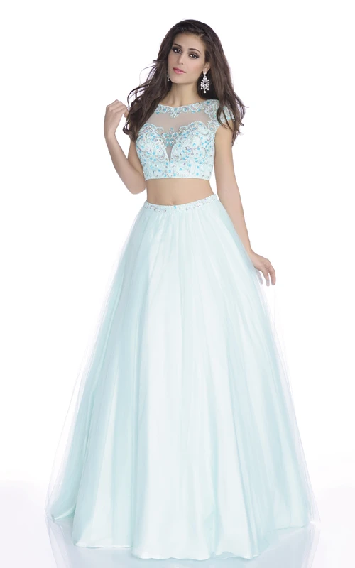 Crop-Top-Abendkleid in A-Linie mit kurzen Ärmeln aus Tüll, Strasssteinen und Spitzenoberteil