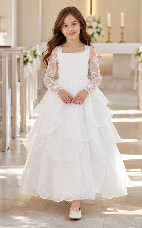 Weißes Kommunionskleid für Blumenmädchen mit Organza-Spitze, Schmuckkragen, langen Ärmeln, Blütenblattrock und Knöchellänge