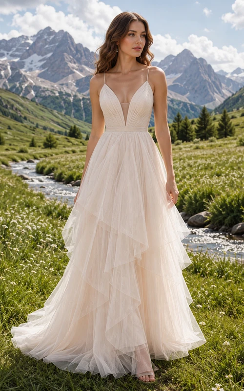 Layered Tulle Plunging V-Neck Alpine Meadow Elopement Gown