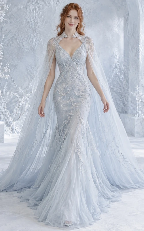 Vestido de novia de invierno estilo sirena, azul hielo, con escote en V, estampado floral y capa de tul con cuentas.