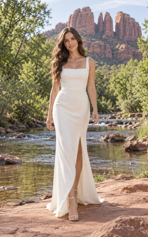 Vestido de novia sencillo de crepé hasta el suelo, sin mangas, con escote cuadrado y abertura en la espalda, de corte recto y sin mangas.