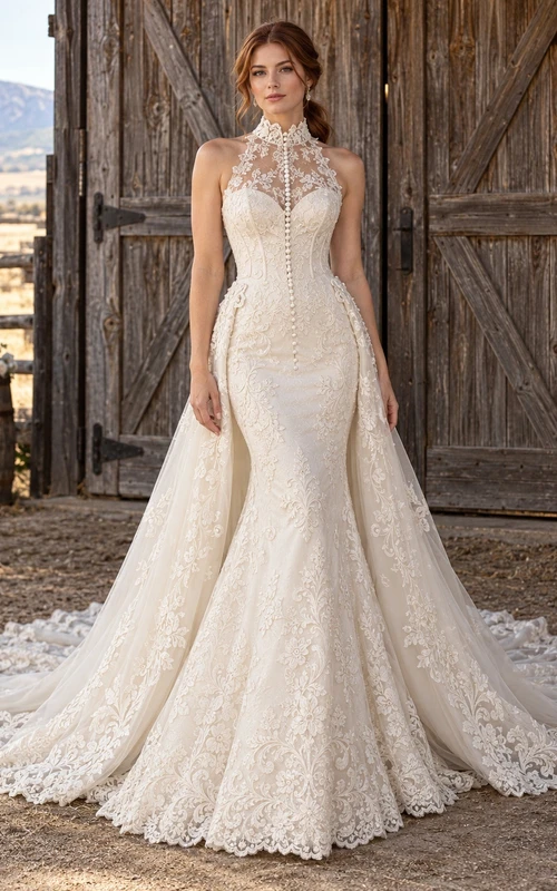 Country Halter High Neck Mermaid Floral Lace Train Wedding Dress