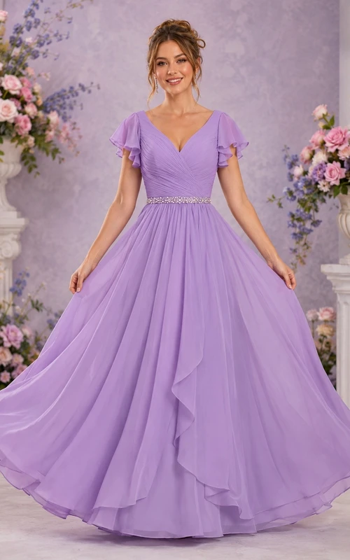 Romantic Lavender V-neck Short Sleeve Tulle Ball Gown Formal Dress
