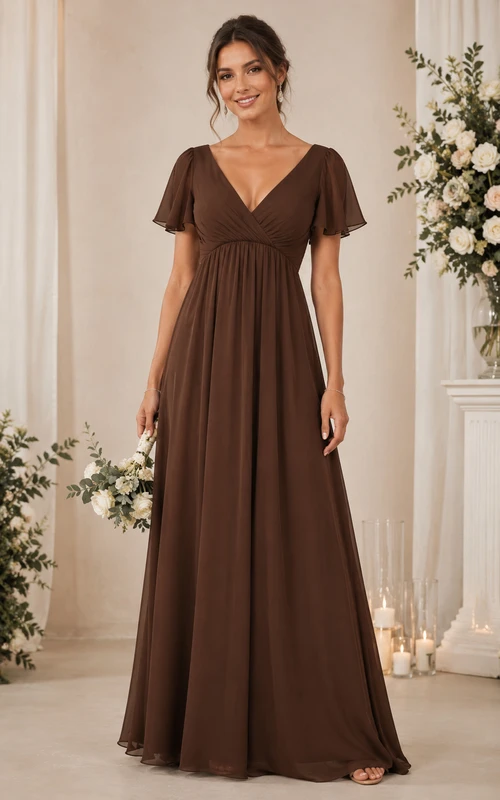 Chocolate V-Neck Short Sleeve Chiffon A-Line Bridesmaid Dress