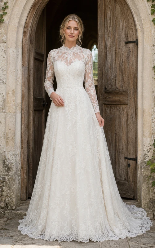 Brautkleid im Kapellenstil mit hohem Kragen, langen Ärmeln und aus Spitze, A-Linie, Vintage-Stil