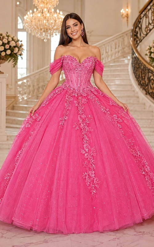 Fuchsia Off-the-Shoulder Beaded Tulle Quinceanera Ball Gown