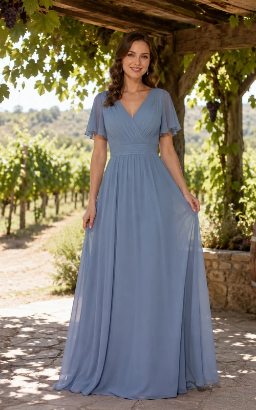 Steel Blue Chiffon A-Line V-Neck Flutter Sleeve Pleated Low Back Floor-Length Bridesmaid Dress
